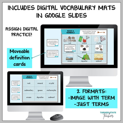 Digital vocabulary mats with Google Slides on a computer screen, featuring text about assign digital practice and movable definition cards.