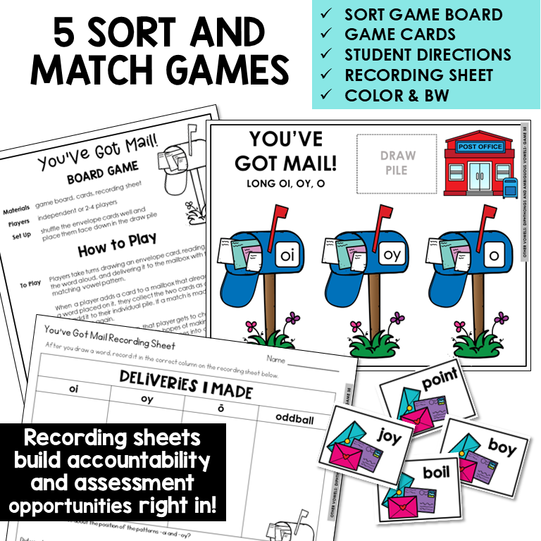 Spelling games and activities for teaching diphthongs, variant vowels, and ambiguous vowel patterns.
