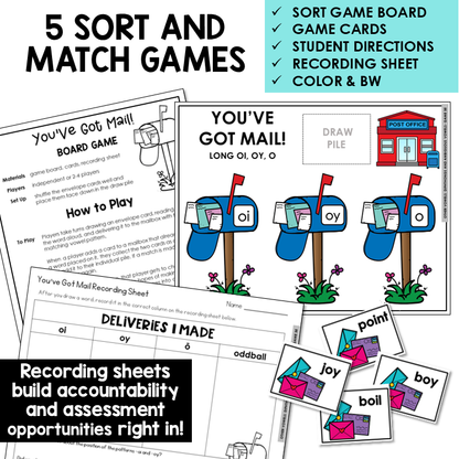 Spelling games and activities for teaching diphthongs, variant vowels, and ambiguous vowel patterns.
