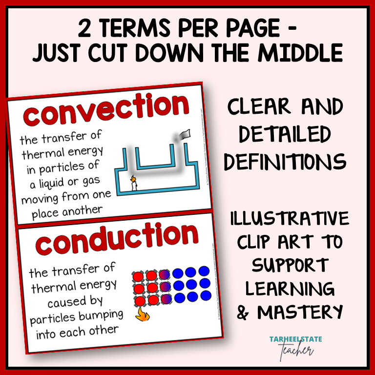 Conservation of Energy and States of Matter vocabulary terms on anchor charts with illustrative clip art for science word wall or bulletin board