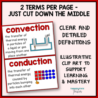 Conservation of Energy and States of Matter vocabulary terms on anchor charts with illustrative clip art for science word wall or bulletin board
