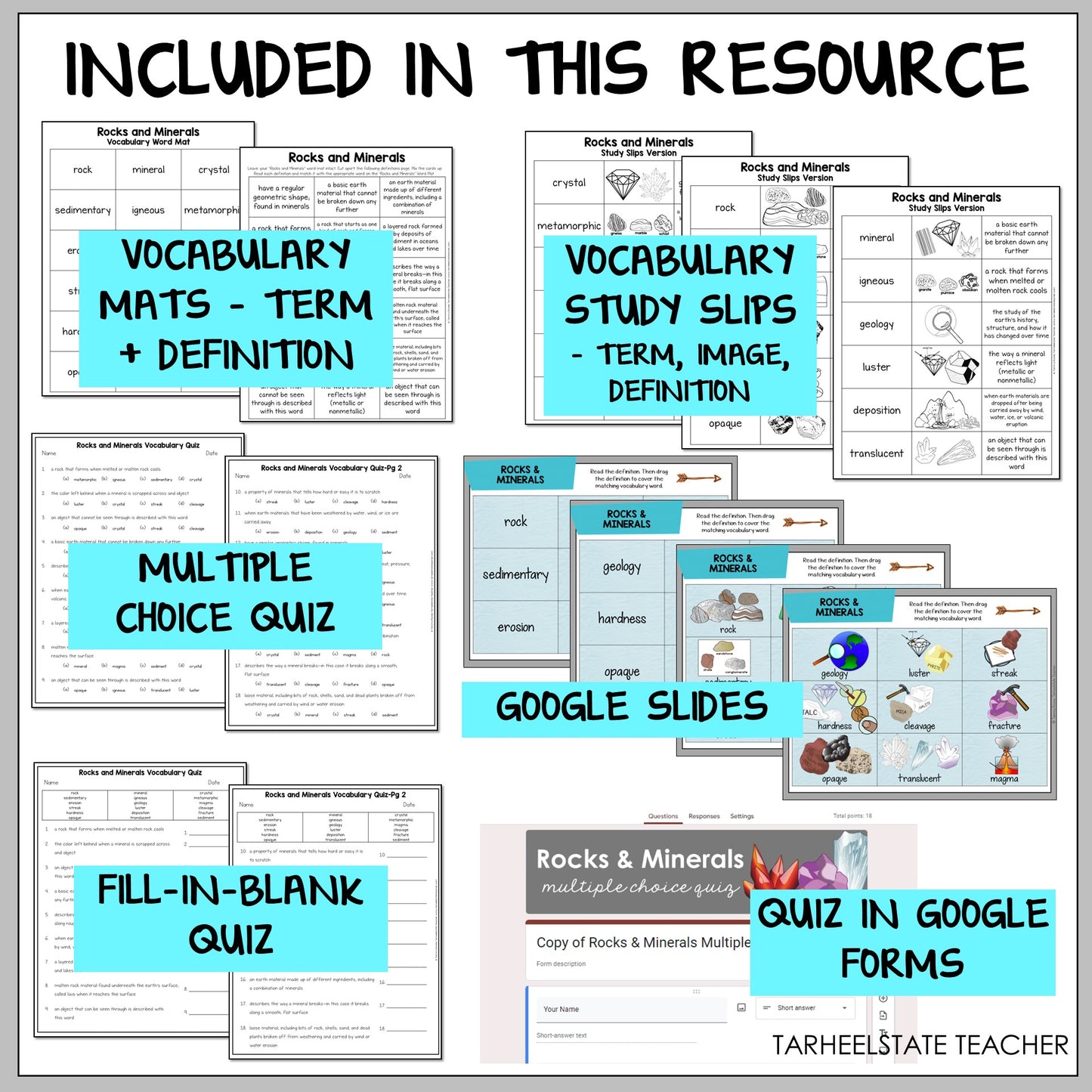 Educational resources including vocabulary mats, study slips, multiple choice quiz, Google Slides, fill-in-blank quiz, and quiz in Google Forms 
