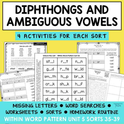 Variant Unpredictable Vowels & Diphthongs Within Word Pattern Activity Printable