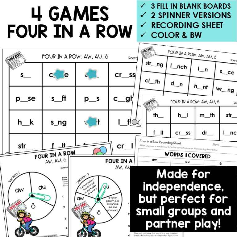 Spelling games and activities for teaching diphthongs, variant vowels, and ambiguous vowel patterns.
