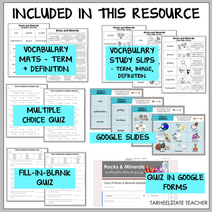 Educational resources including vocabulary mats, study slips, multiple choice quiz, Google Slides, fill-in-blank quiz, and quiz in Google Forms 