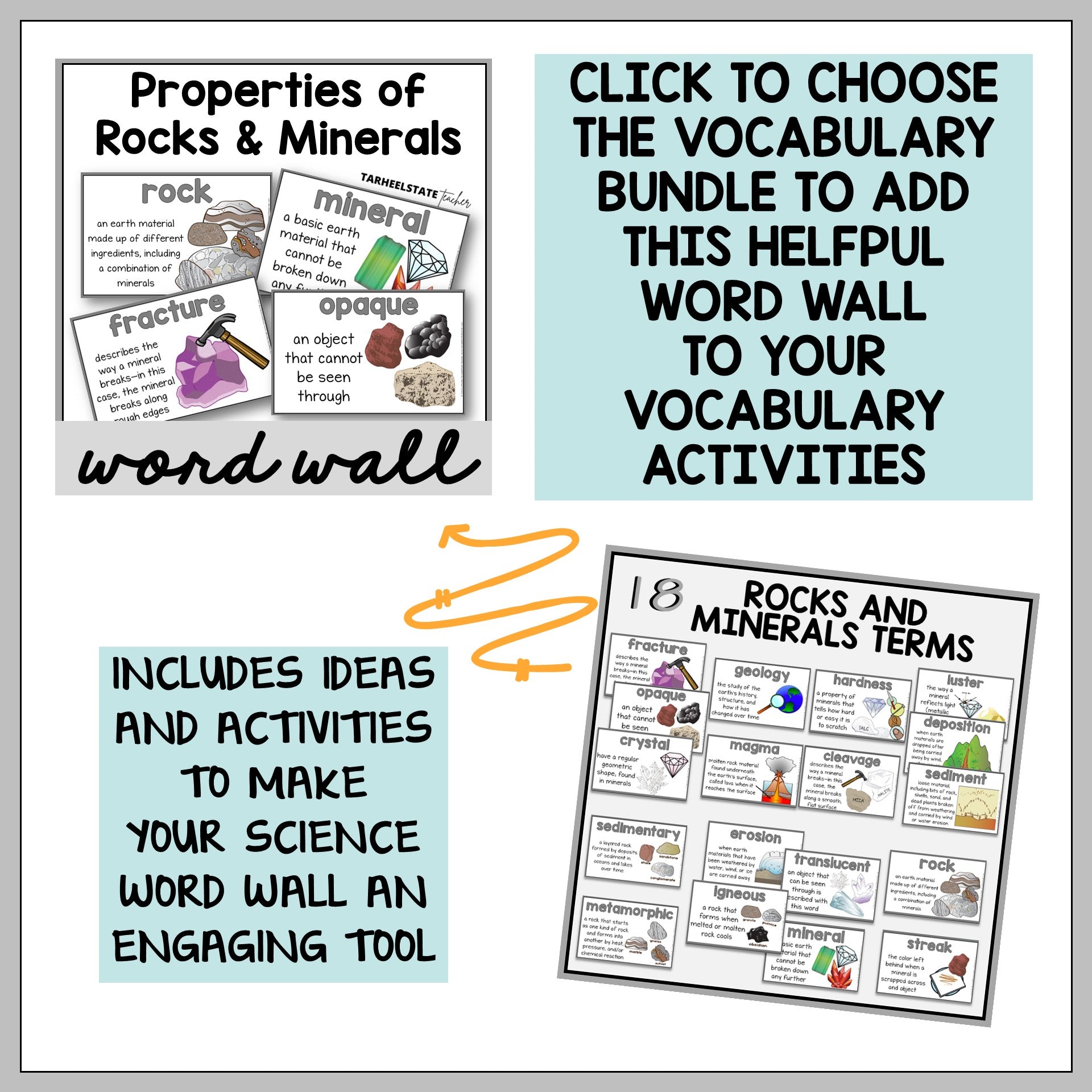 Educational materials for teaching rocks and minerals, including vocabulary mats and word wall cards.