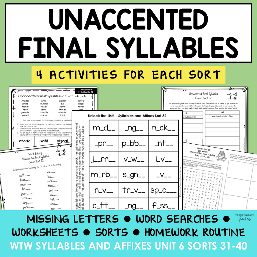 Schwa Sound Ending Unaccented Final Stable Syllables Affixes Activity Printable