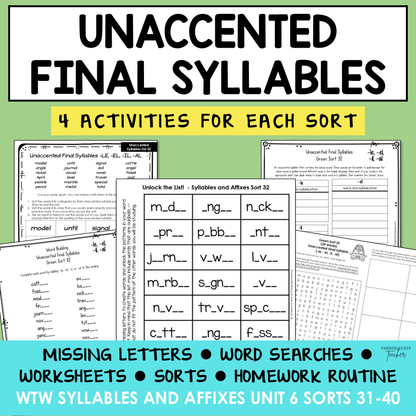 Schwa Sound Ending Unaccented Final Stable Syllables Affixes Activity Printable