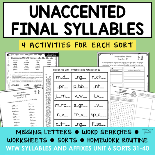 Schwa Sound Ending Unaccented Final Stable Syllables Affixes Activity Printable