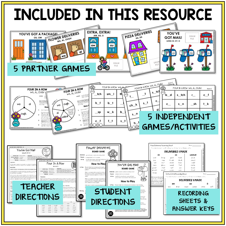Educational materials including partner and independent games, teacher and student directions, and recording sheets.