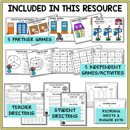 Educational materials including partner and independent games, teacher and student directions, and recording sheets.