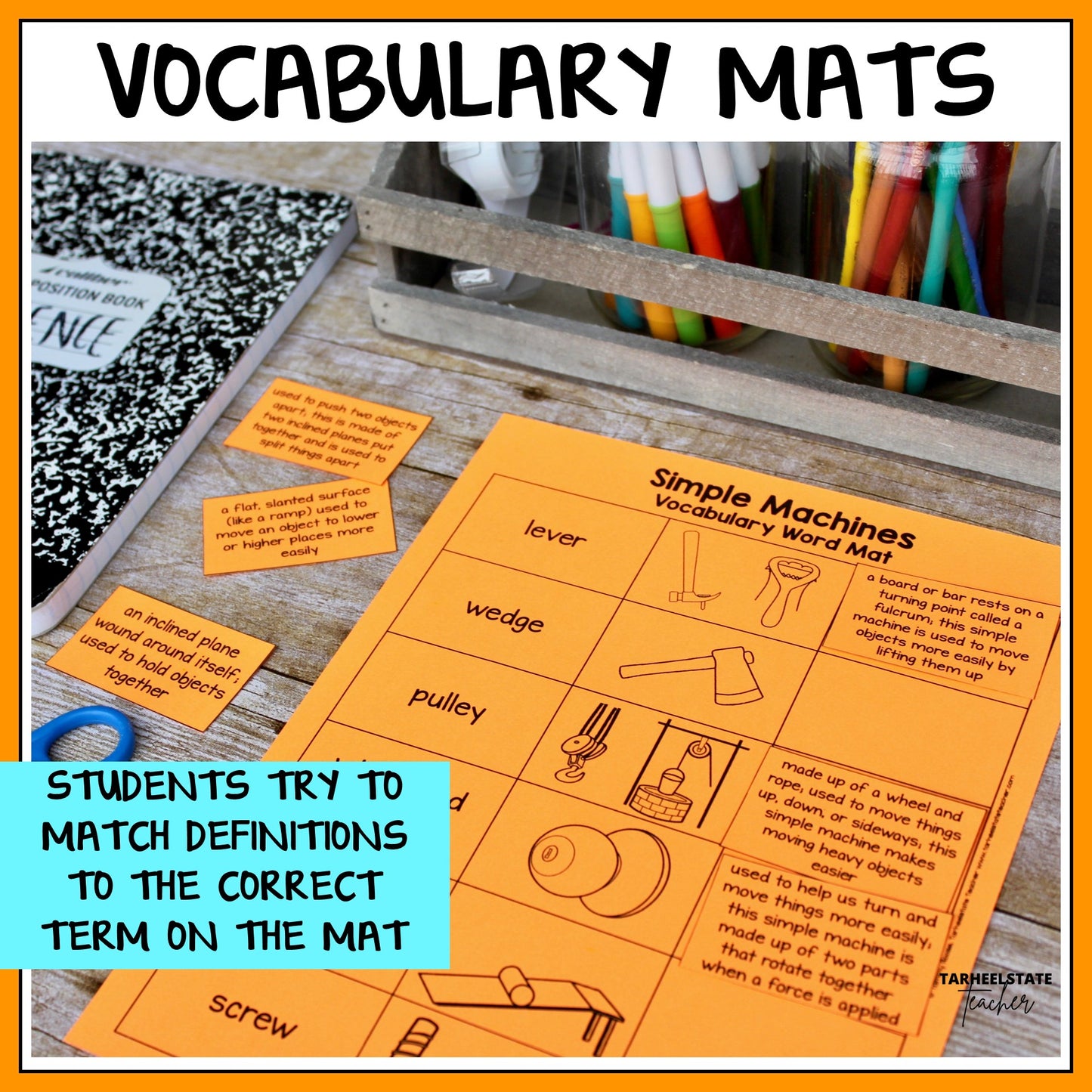 Vocabulary mat for simple machines with definitions and illustrations
