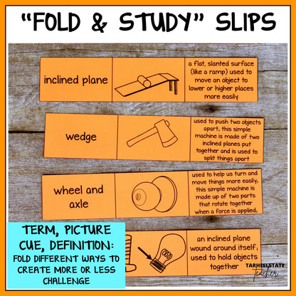 Educational 'Fold & Study' slips with definitions and illustrations of simple machines 