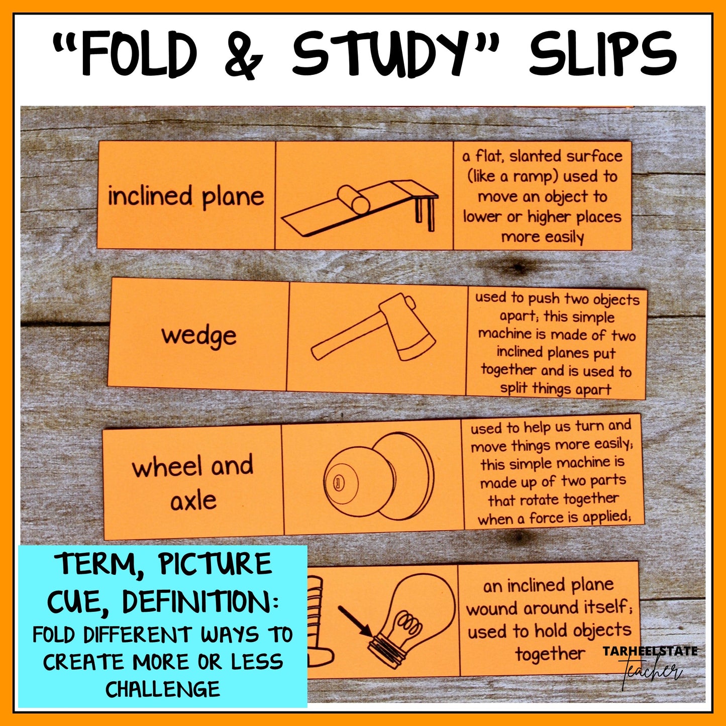 Educational 'Fold & Study' slips with definitions and illustrations of simple machines 