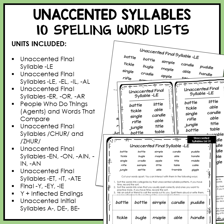 Schwa Sound Ending Unaccented Final Stable Syllables Affixes Activity Printable