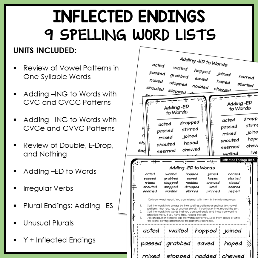 Inflected Endings Adding ED, ING, S and ES Syllables Affixes Activity Printable