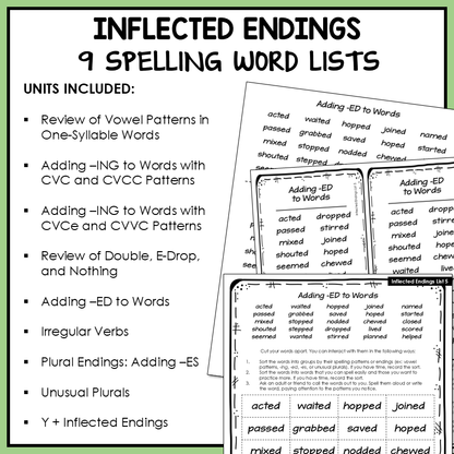 Inflected Endings Adding ED, ING, S and ES Syllables Affixes Activity Printable