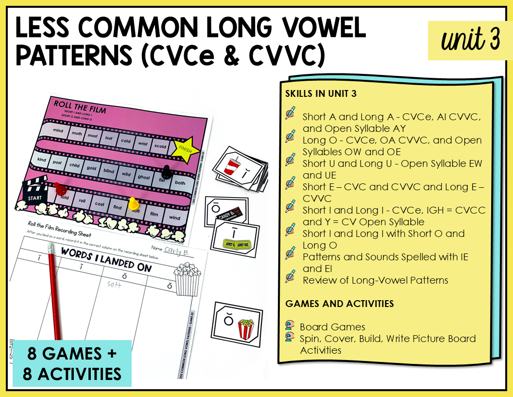 8 partner games and 8 independent activities for students to engage in to practice less common long vowel patterns that have the cvvc spelling pattern