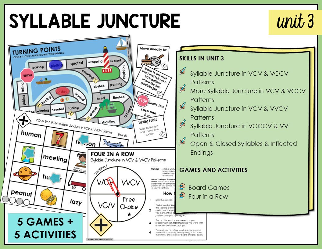 Educational materials on syllable division with games and activities for Syllables and Affixes spellers.