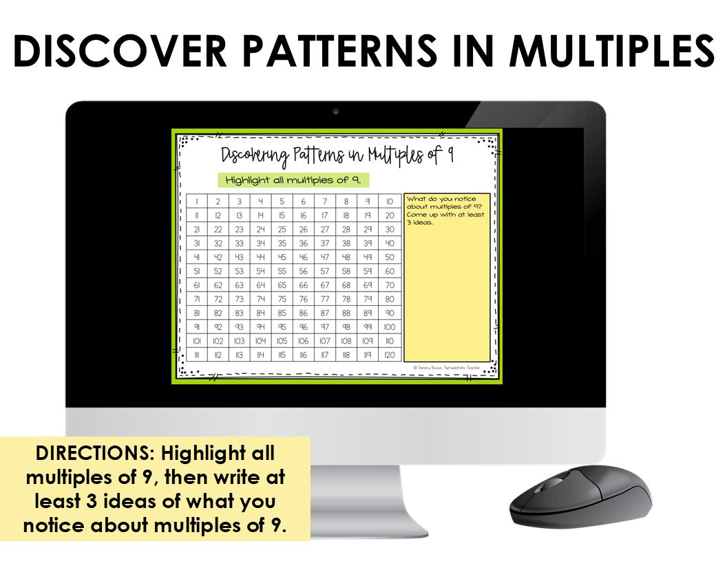 A digital educational activity titled 'Discovering Patterns in Multiples' for helping students practice multiplication fact fluency