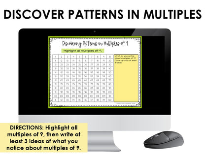 A digital educational activity titled 'Discovering Patterns in Multiples' for helping students practice multiplication fact fluency