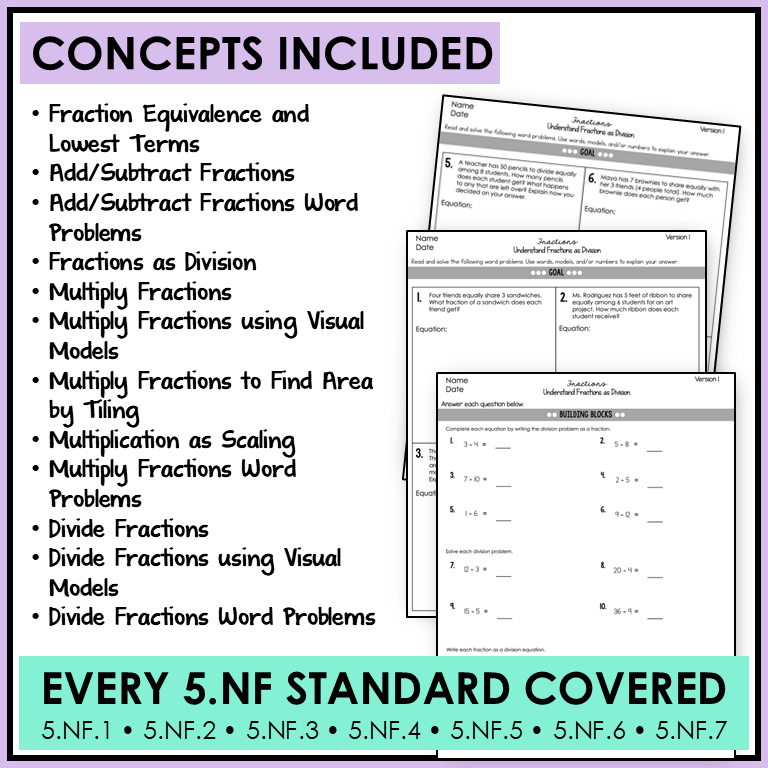 5th Grade Fractions 5.NF ALL Standards Adding Subtracting Multiplying Dividing Fractions