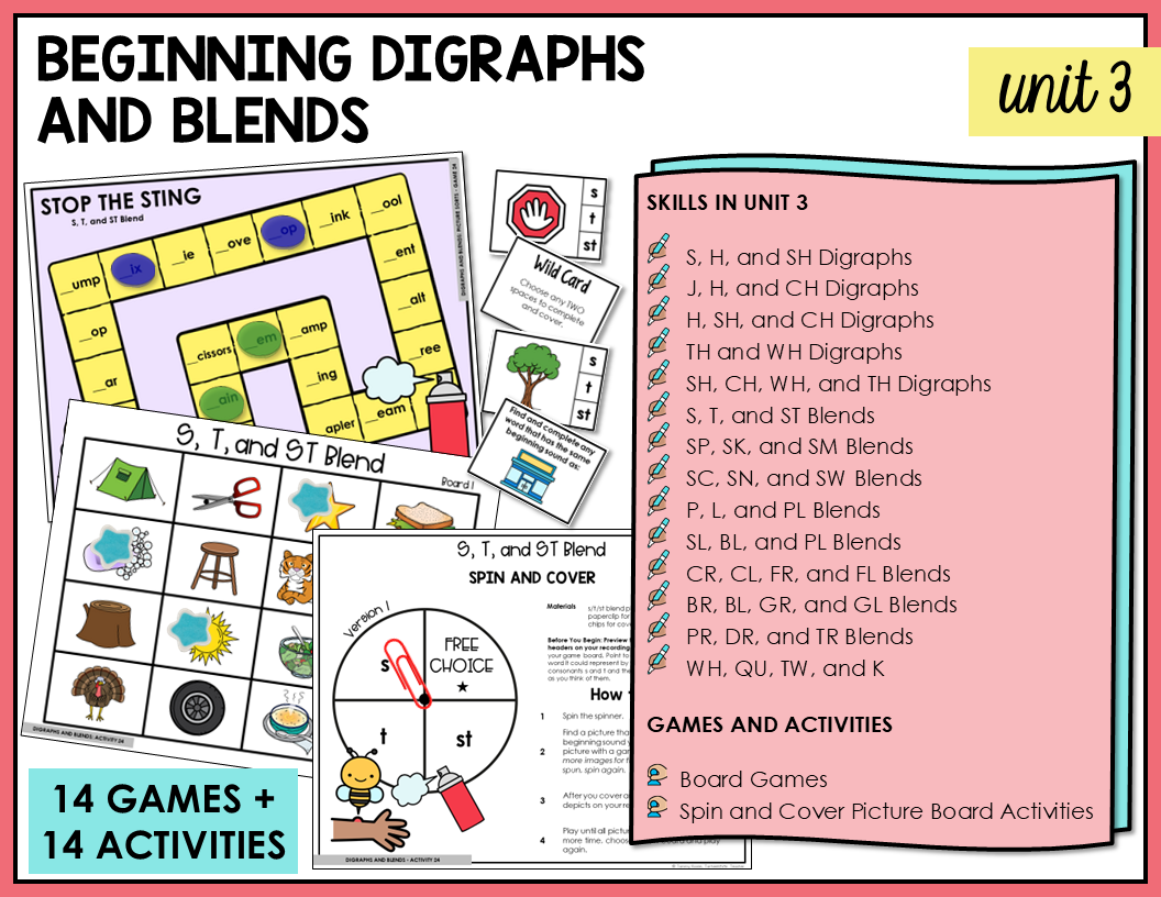 Interactive games and activities for teaching beginning digraphs and blends in the Letter Name-Alphabetic stage.