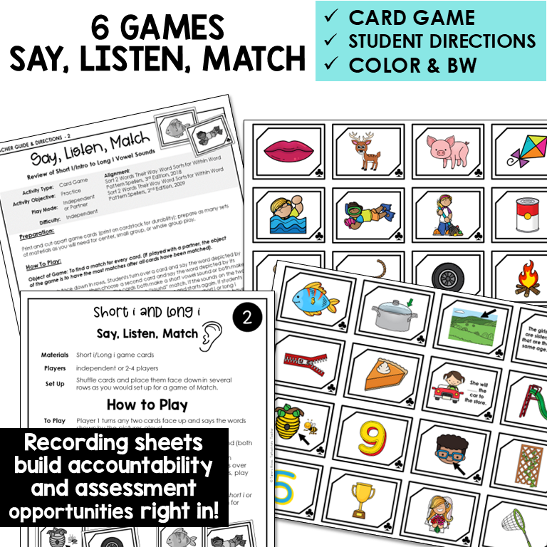 Educational game set with cards, directions, and recording sheets for 'Say, Listen, Match' games.