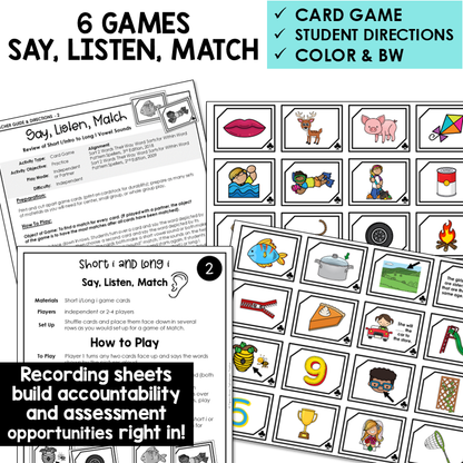 Educational game set with cards, directions, and recording sheets for 'Say, Listen, Match' games.