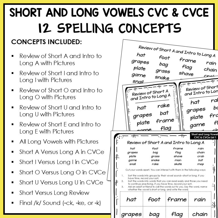 Short vs Long Vowels CVC and CVCe Words Within Word Pattern Activity Printable