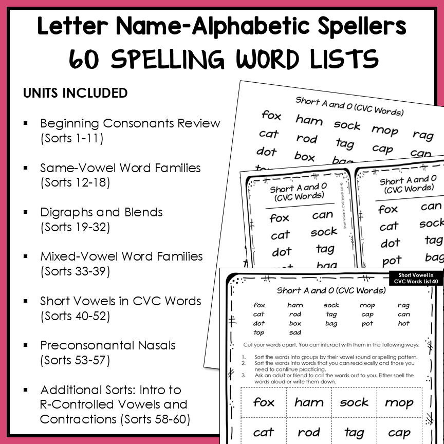 Spelling word lists with letter name-alphabetic spellers for educational use.