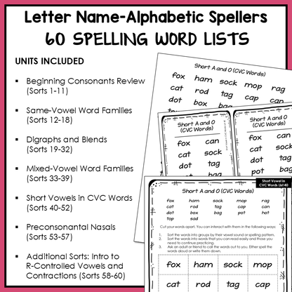 Spelling word lists with letter name-alphabetic spellers for educational use.