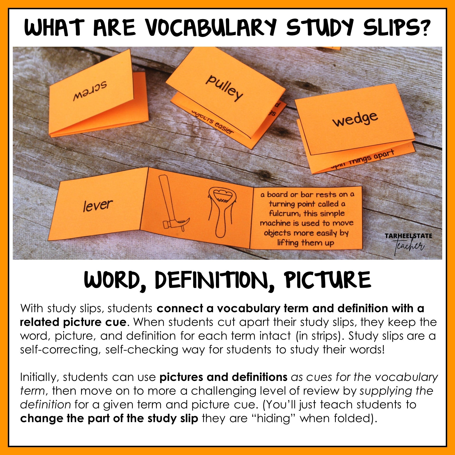 Vocabulary study slips with science term, definition, and picture
