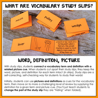 Vocabulary study slips with science term, definition, and picture