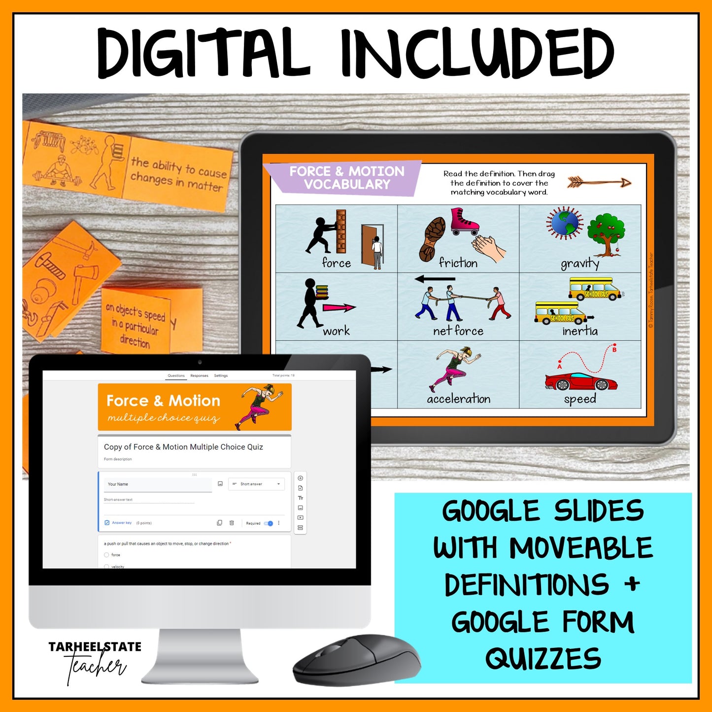 Force and Motion vocabulary resource includes google slides with moveable definitions and google form quizzes to assess student understanding and for test prep purposes.