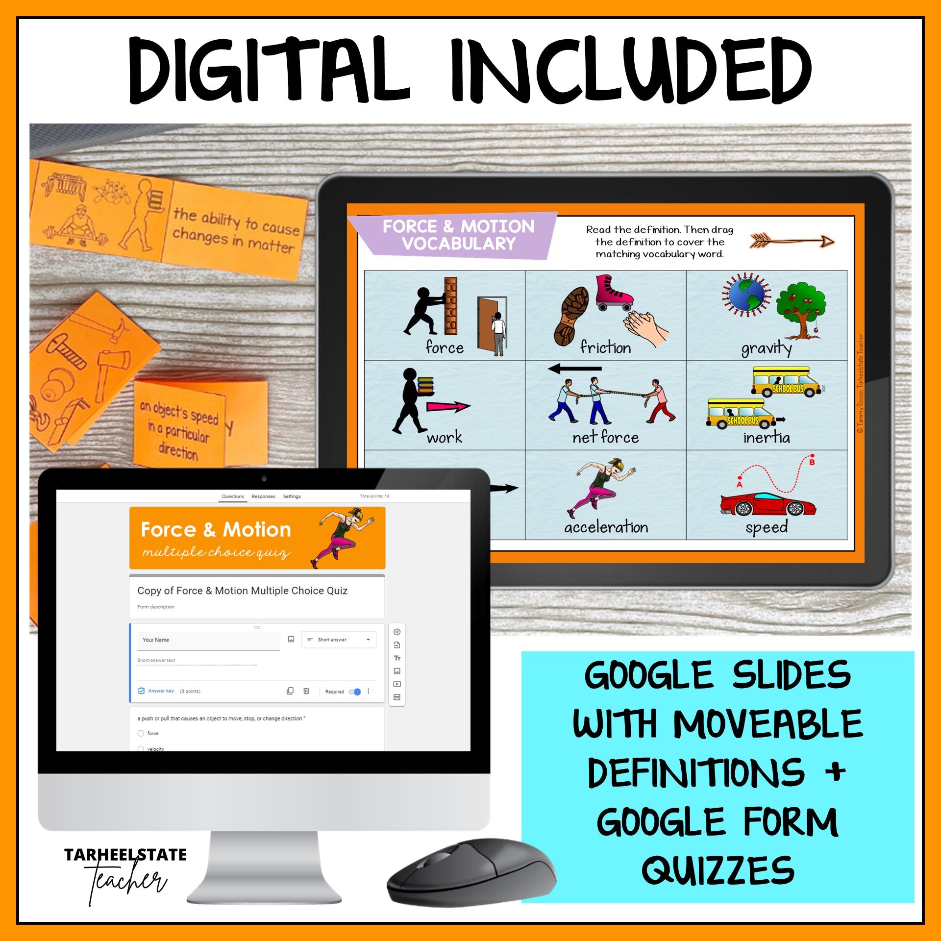Force and Motion vocabulary resource includes google slides with moveable definitions and google form quizzes to assess student understanding and for test prep purposes.