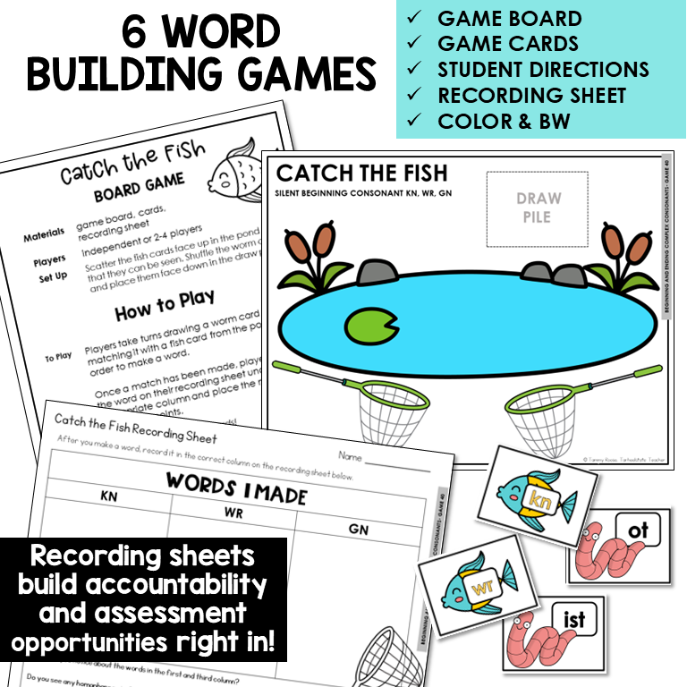 Educational materials for a game called 'Catch the Fish' with game board, cards, and recording sheet. Engages students in practicing spelling words with silent consonant clusters KN, WR, and GN.