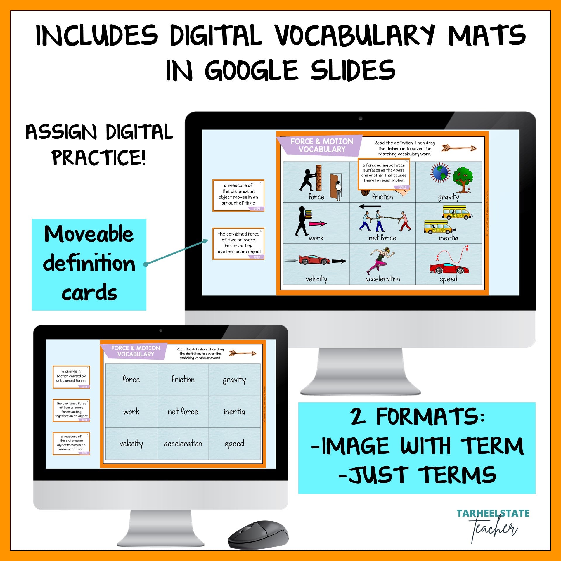 Digital vocabulary mats with Google Slides on a computer screen, featuring text about assign digital practice and movable definition cards.