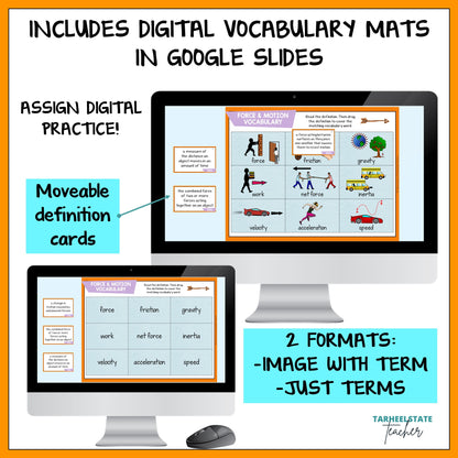 Digital vocabulary mats with Google Slides on a computer screen, featuring text about assign digital practice and movable definition cards.
