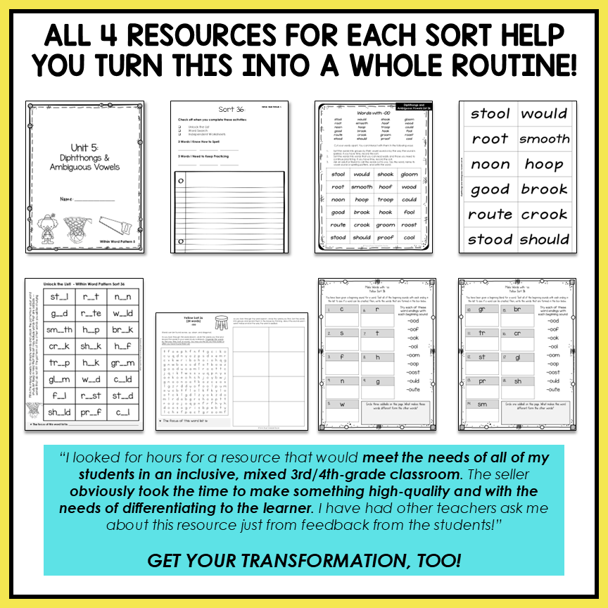 Variant Unpredictable Vowels & Diphthongs Within Word Pattern Activity Printable
