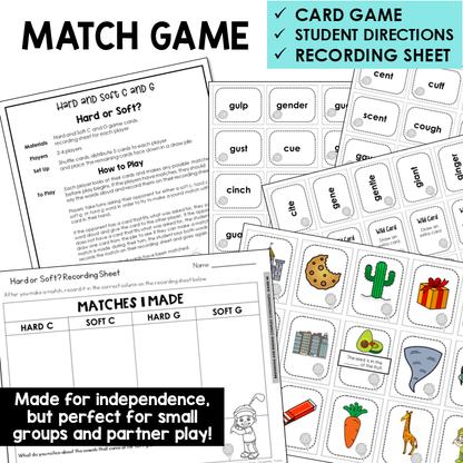 Educational game set with cards, directions, and recording sheet for teaching hard and soft C and G sounds.