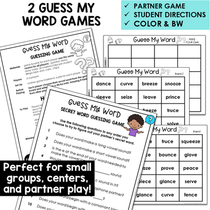 Guess My Word games with directions and word lists for engaging students in identifying varying spelling patterns in the Within Word Pattern stage.