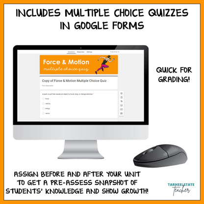 Force and Motion resource includes multiple choice quizzes in Google Forms to make grading easier