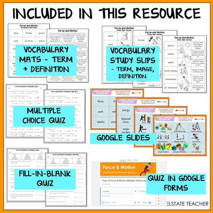 Educational resources including vocabulary mats, study slips, multiple choice quiz, Google Slides, fill-in-blank quiz, and quiz in Google Forms 