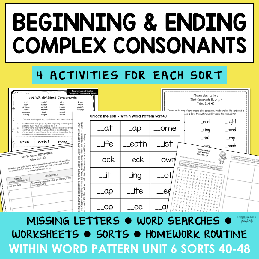 Complex Silent Consonants, Triple Blends, Final E Within Word Activity Printable