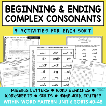 Complex Silent Consonants, Triple Blends, Final E Within Word Activity Printable