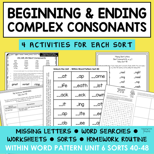 Complex Silent Consonants, Triple Blends, Final E Within Word Activity Printable