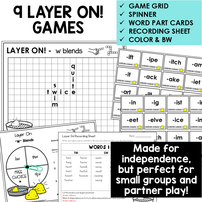Educational materials for teaching w word blends with game grid, spinner, and word part cards.