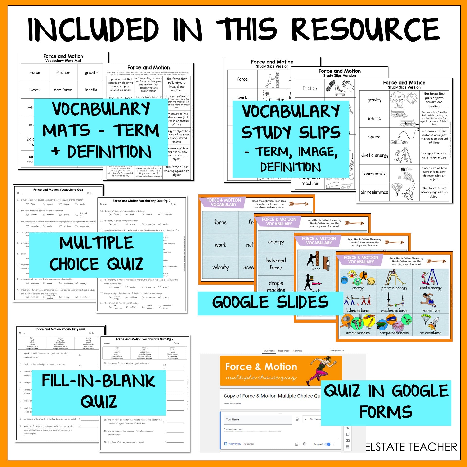 Educational resources including vocabulary mats, study slips, multiple choice quiz, Google Slides, fill-in-blank quiz, and quiz in Google Forms 