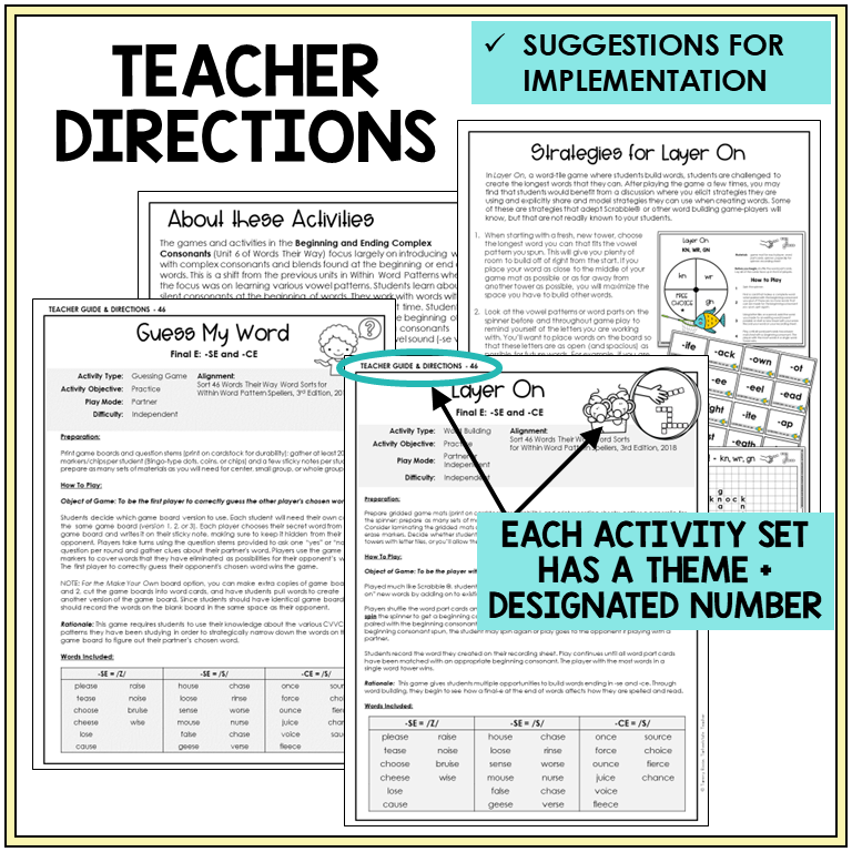 Teacher directions and suggestions for implementation for using spelling games in the classroom
